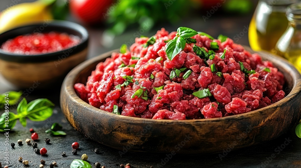 Fresh Ground Beef with Herbs in Wooden Bowl Fresh Ground Beef with Herbs in Wooden Bowl