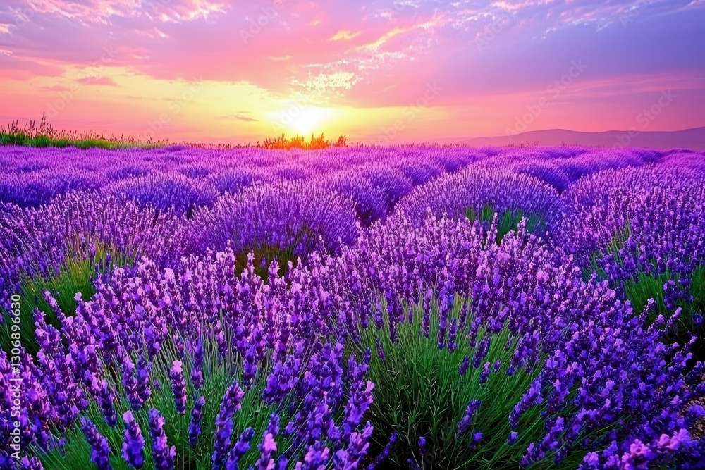 A dreamy landscape of rolling lavender fields under a pink and orange sunset sky, exuding tranquility and beauty. A dreamy landscape of rolling lavender fields under a pink and orange sunset sky, exuding tranquility and beauty.