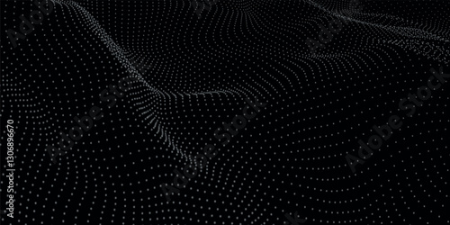 Futuristic dot wave. Abstract digital particle wave. Black and white music wave. Dark background. Digital background with smooth wavy curves. 3D vector illustration