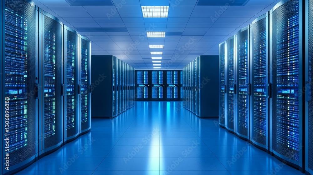 Modern technology data center with rows of advanced server hardware, illuminated by lights, symbolizing cloud computing, big data, and digital security. Modern technology data center with rows of advanced server hardware, illuminated by lights, symbolizing cloud computing, big data, and digital security.