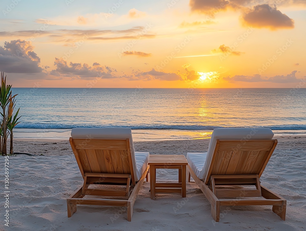 Elegant beach furniture outdoors, sunset view, relaxing beach horizon, chaise lounges, soft lighting, calm ocean waves Elegant beach furniture outdoors, sunset view, relaxing beach horizon, chaise lounges, soft lighting, calm ocean waves