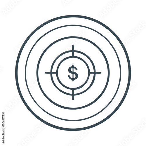 A minimalistic target icon with a dollar sign at the center, symbolizing financial goals, business success, and profit-oriented strategies. Ideal for investment and sales-related designs.