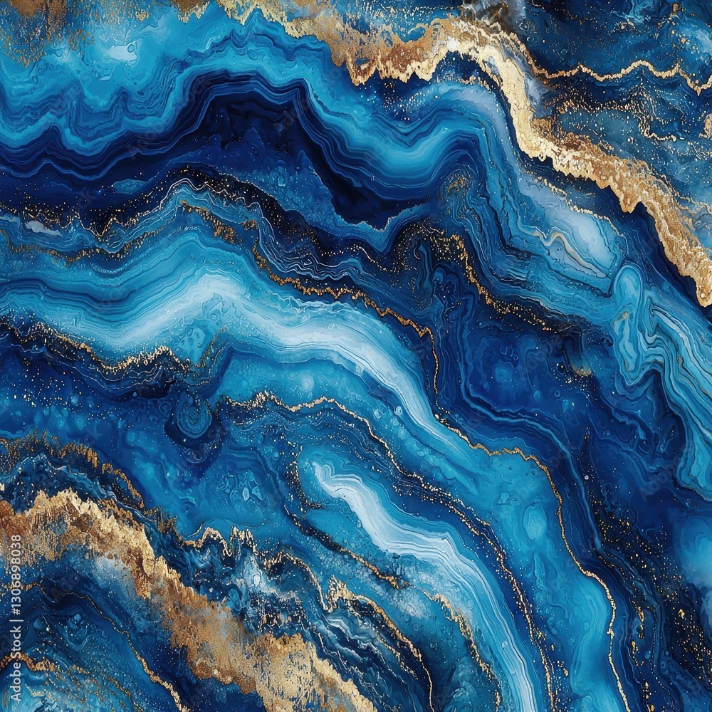 Fototapeta premium A mesmerizing tableau unfolds, a close-up of a surface where a deep blue marbling pattern meets the opulence of a thick gold stripe, creating a visual feast of texture and color. 