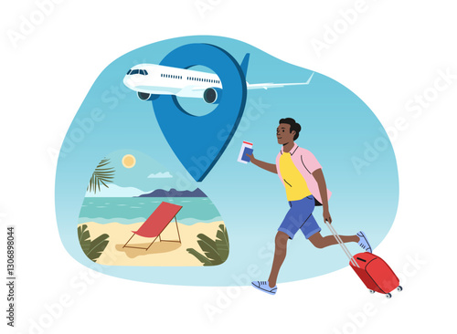 Air travel and tourism concept. A man with a suitcase is rushing to the plane. Vector illustration.
