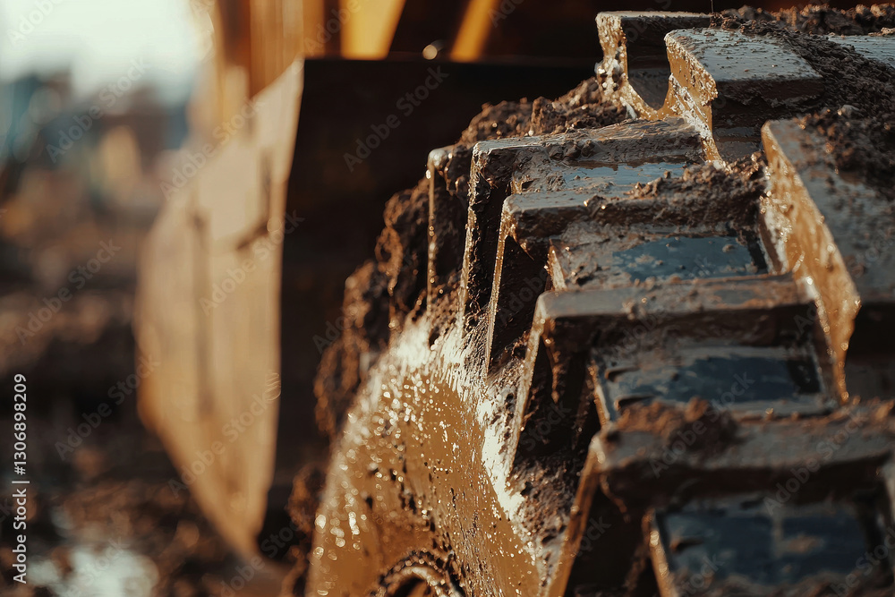 Massive excavator wheel with muddy tracks industrial power at active construction site Massive excavator wheel with muddy tracks industrial power at active construction site
