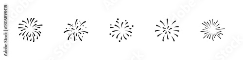 Firework icon set. Exploding fireworks. Confetti, sparkler, salute, petard, firecracker icons. Celebration and holiday signs. Vector illustration.