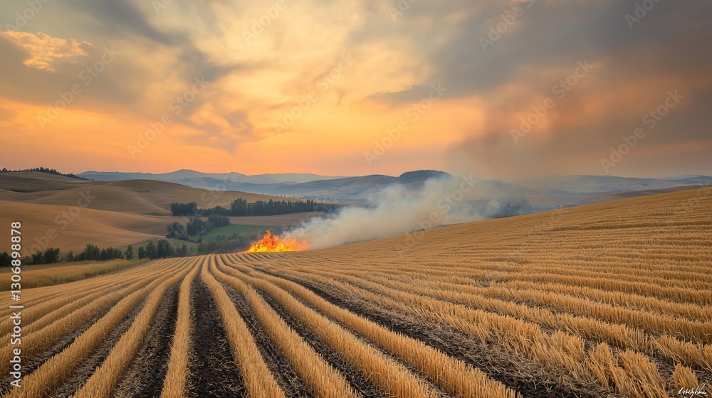 Field fire burning at dusk on a hillside with smoke background for editorials Field fire burning at dusk on a hillside with smoke background for editorials