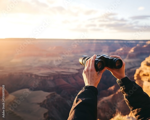 A person using binoculars to admire a breathtaking sunset landscape.