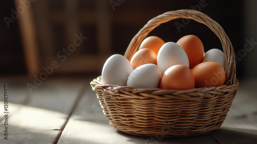 easter, holidays and tradition concept - close up of colored eggs in wicker basket on grey wooden boards background hyper realistic
