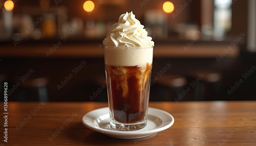 Classic root beer float with vanilla ice cream on saucer. Refreshment summer drink with dark beverage, white whipped cream served on wooden table in cafe. Sweet dessert with foam. Classic root beer float with vanilla ice cream on saucer. Refreshment summer drink with dark beverage, white whipped cream served on wooden table in cafe. Sweet dessert with foam.