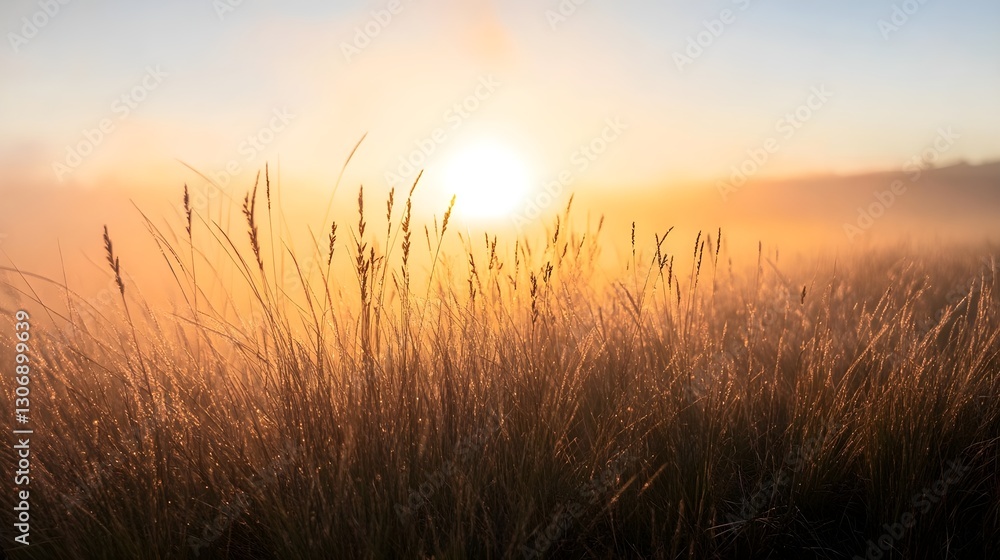 a foggy moorland at sunrise, with golden grasses stretching into the mist. a foggy moorland at sunrise, with golden grasses stretching into the mist.