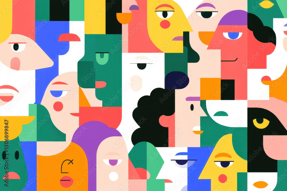 Colorful abstract illustration of diverse and vibrant faces in geometric forms Colorful abstract illustration of diverse and vibrant faces in geometric forms