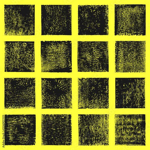 Grungy textured hand printed square shapes collection. Linocut vector relief block printing squares, rough scuffed textures set. Lino ink grunge text frames boxes templates. Artistic retro backgrounds