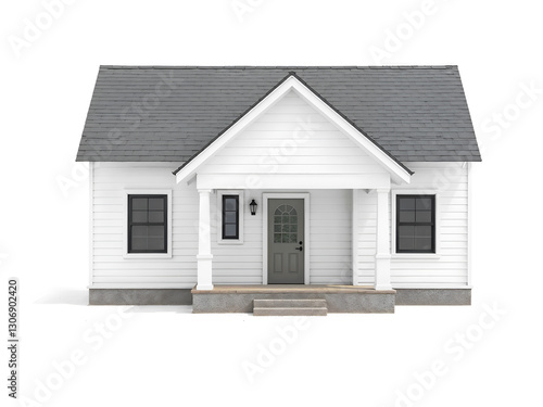 A charming small white suburban house with a black roof, isolated on a white background. Generative AI