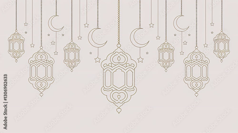 Fototapeta premium Arabic Traditional Ramadan Kareem Lanterns with Hanging Stars, Moon in Golden Oriental Style featuring intricate Islamic patterns glowing lights, a festive ambiance symbolizing the spirit of Ramadan