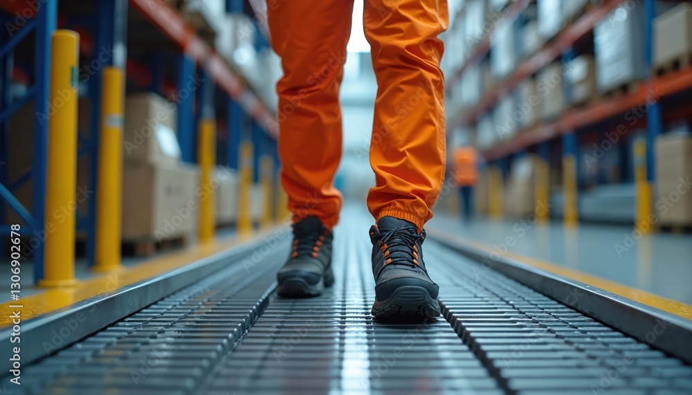 Obraz premium Close-up of worker legs in orange uniform walking on safety matting at factory. Man in safety shoes walks on gangway at warehouse. Work at industrial site, preventing slips falls.