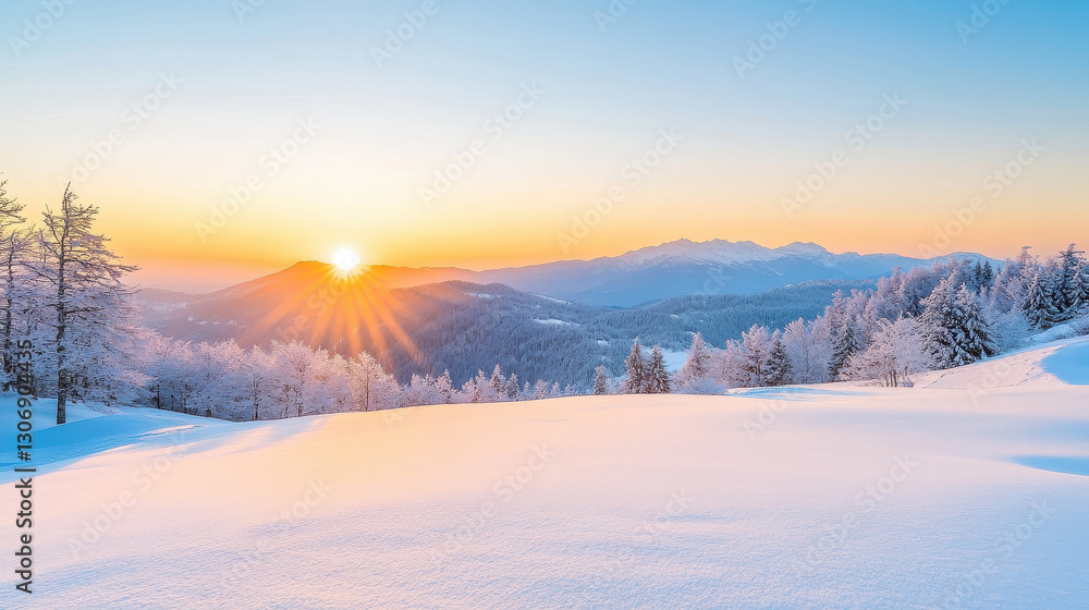 Beautiful winter sunset over snowy mountain landscape with trees Beautiful winter sunset over snowy mountain landscape with trees