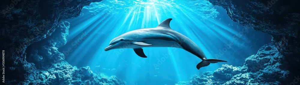Obraz premium Dolphin Swimming Gracefully in Deep Blue Sea Light with Diver Exploring Underwater Scene