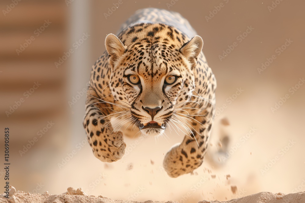 Fototapeta premium Leopard in Stuntman Suit Performing Extraordinary Jumping Stunt in Desert Environment
