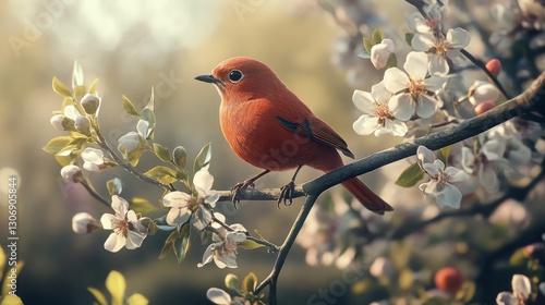 A bright red robin perched on a tree branch with budding flowers, springtime arrival, ultra-detailed, 4k
