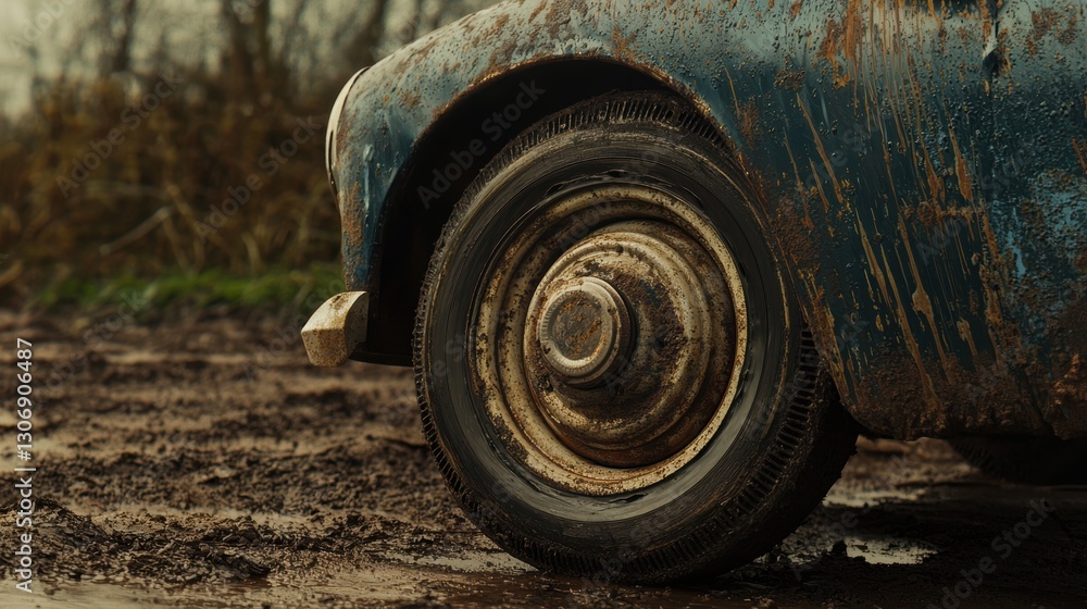 Old Rusty Car Wheel in Muddy Ground Covered in Dirt and Grime Old Rusty Car Wheel in Muddy Ground Covered in Dirt and Grime