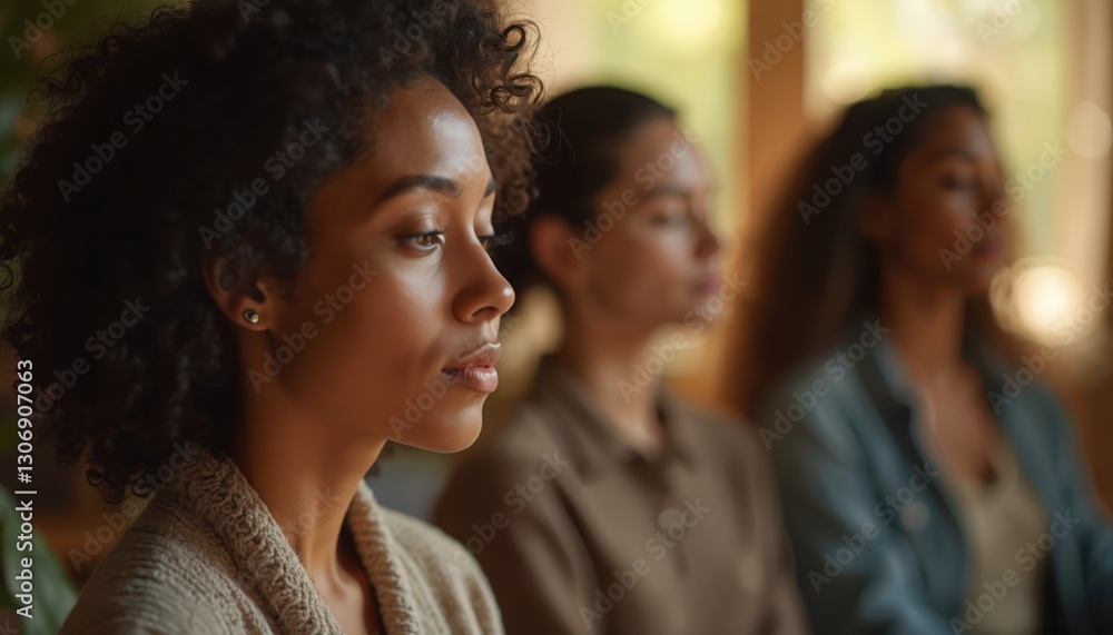 Close-up of three diverse women meditating. Diverse attendees imagining peace with closed eyes in guided session at wellness center. Transgender therapist leading visualization. Mental health concept. Close-up of three diverse women meditating. Diverse attendees imagining peace with closed eyes in guided session at wellness center. Transgender therapist leading visualization. Mental health concept.