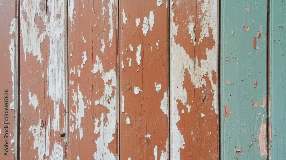 Obraz premium Close-up of a wooden surface with peeling paint. the paint is in various shades of pink, orange, and white, with some areas of the paint chipping away in some areas.