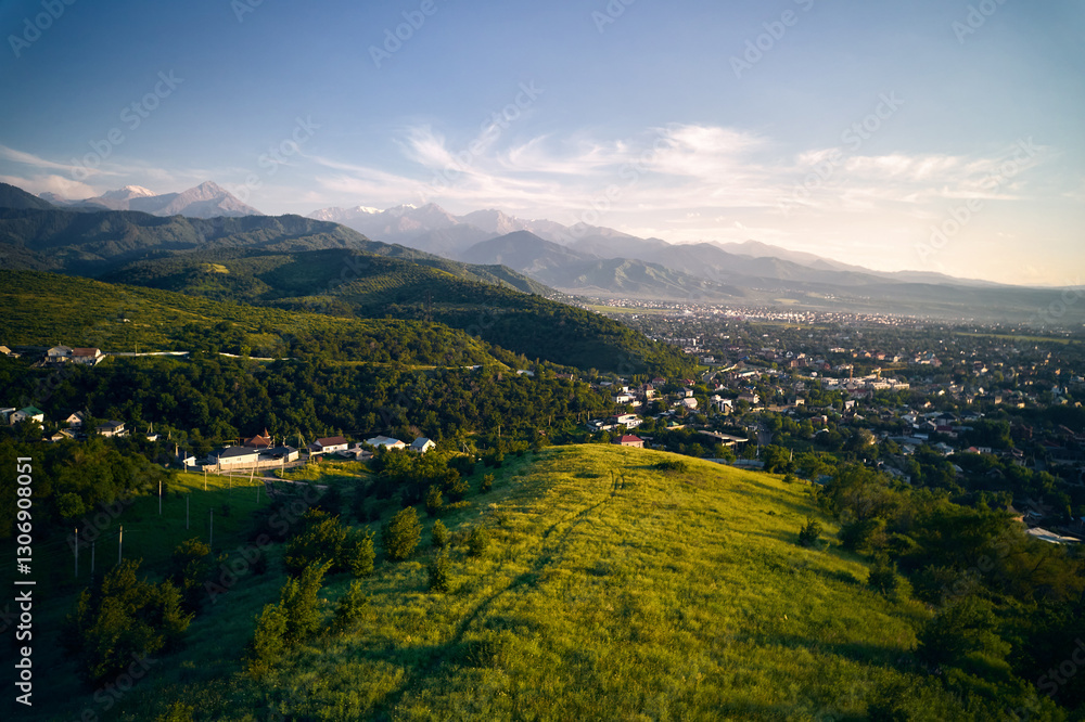 Fototapeta premium Aerial view panorama of mountains in Almaty