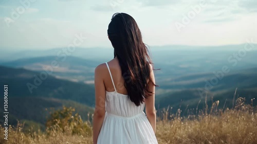Wallpaper Mural girl with beautiful black hair in a white dress walks in slow motion on a spring mountain landscape. black hair blowing in the wind, back view. the concept of self-awareness. Generative Ai Torontodigital.ca