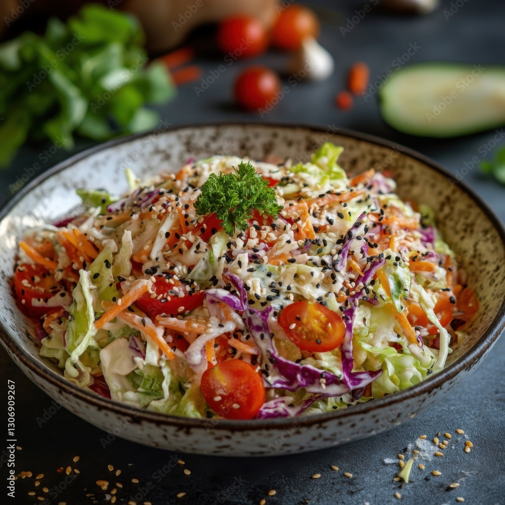 Fresh and colorful salad served in a bowl with a variety of healthy ingredients inside Fresh and colorful salad served in a bowl with a variety of healthy ingredients inside