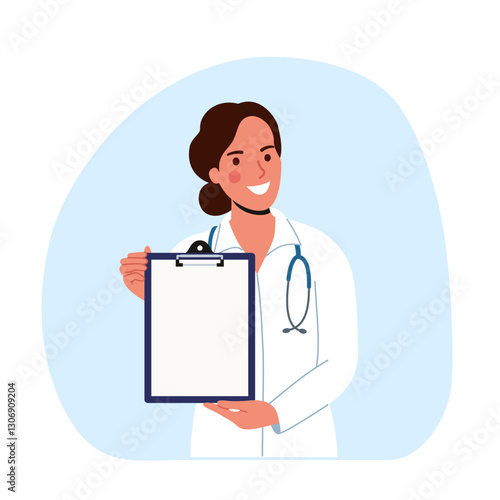 Doctor woman showing clipboard in hands and advices use this copy space.. Vector flat style cartoon illustration