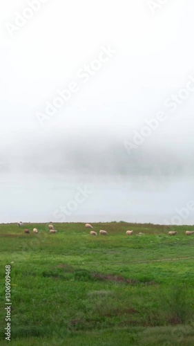 Wallpaper Mural A flock of sheep running next to a lake in the morning Torontodigital.ca