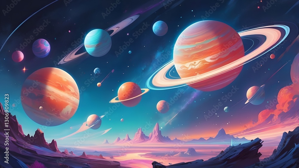 Naklejka premium A Scene of Nebula Nightsky with Planets and Stars Rotate on The Galaxy