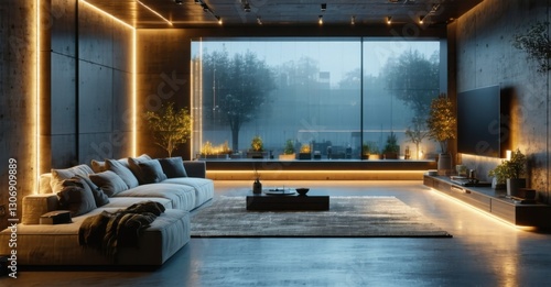 Modern loft giant frameless tv screen turned off reflecting minimalist furniture ambient warm lighting hidden led strips