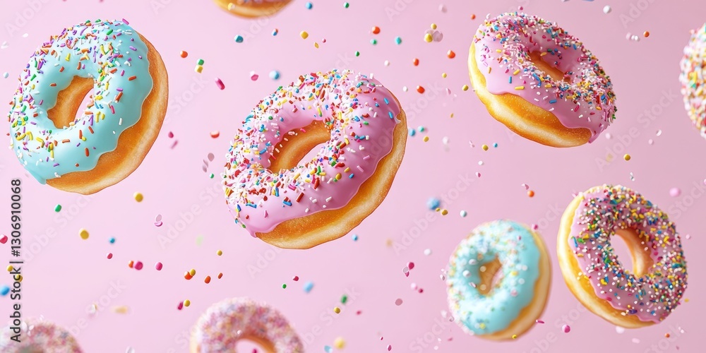 Flying doughnuts with colorful icing and sprinkles, set against a soft pastel pink background Flying doughnuts with colorful icing and sprinkles, set against a soft pastel pink background