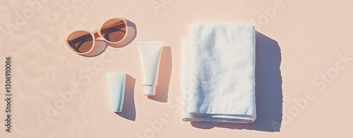 Stylish summer essentials on a pastel background: sunglasses, towel, and skincare items.