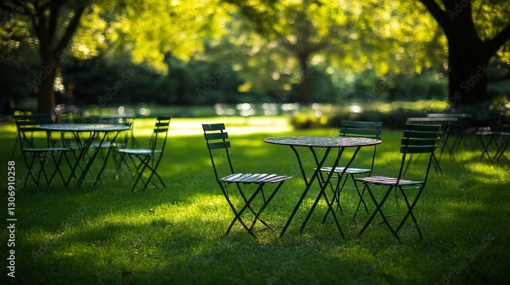 Green tables and chairs on grassy area, trees blurred in background, for outdoor dining Green tables and chairs on grassy area, trees blurred in background, for outdoor dining