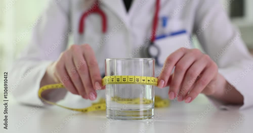 Woman doctor measures circumference of glass filled with water. Physician explains to patient significance of staying hydrated. Water balance Woman doctor measures circumference of glass filled with water. Physician explains to patient significance of staying hydrated. Water balance