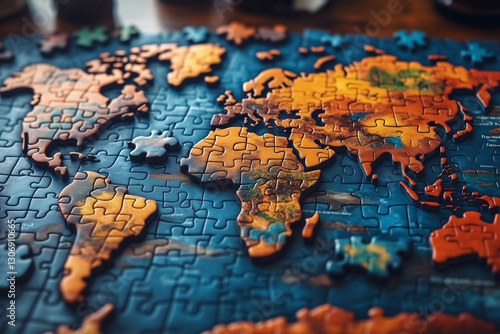 Colorful and detailed jigsaw puzzle design featuring the Earth's continents, highlighting geographical and educational themes for diverse audiences, selective focus