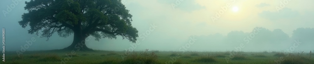 Ancient oak, mist-shrouded field, ethereal fog , brown, landscape, meadow Ancient oak, mist-shrouded field, ethereal fog , brown, landscape, meadow
