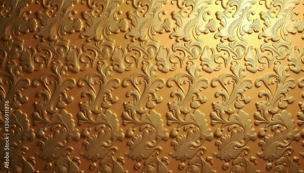 Luxurious golden damask texture, raised baroque details, soft reflections, copy space Luxurious golden damask texture, raised baroque details, soft reflections, copy space