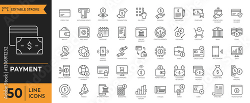 Payment icon set. containing money, wallet, refund, transaction, receipt, secured payment, purchase, paid, cashier, cash, e-commerce, exchange, credit card and more. Vector illustration