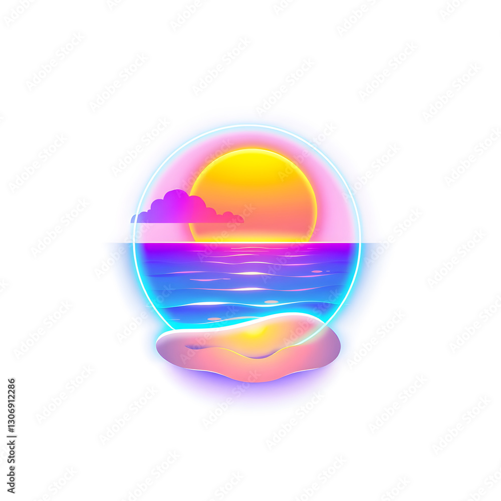 Beach sunset holographic 3D icon. neon symbol vector illustration isolated on white background. Generative AI Beach sunset holographic 3D icon. neon symbol vector illustration isolated on white background. Generative AI