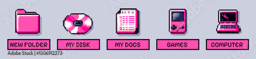 Retro-style pixel art illustration featuring icons of a folder, disk, document, handheld game, and computer in pink. Each icon is labeled, highlighting nostalgia and digital technology themes.