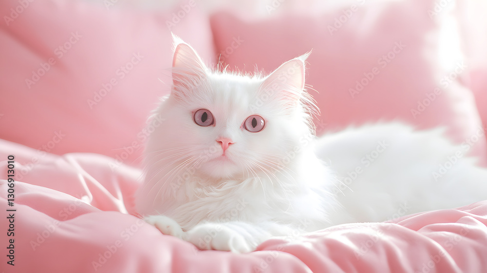 A white cat, against a pink background, lies cutely on a sofa
A white cat, against a pink background, lies cutely on a sofa