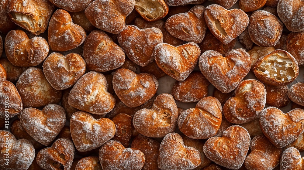 Heart-shaped pastries dusted with powder sugar on a surface, for food background use Heart-shaped pastries dusted with powder sugar on a surface, for food background use