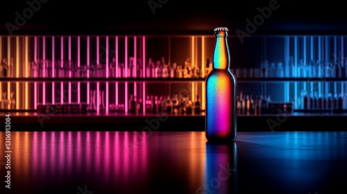 A vibrant beer bottle reflecting neon pink, orange, and blue lights, placed on a glossy bar counter with an illuminated liquor shelf in the background, creating a modern nightlife scene.  
