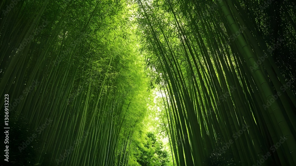 Fototapeta premium a serene bamboo forest with tall, green stalks creating a natural tunnel.