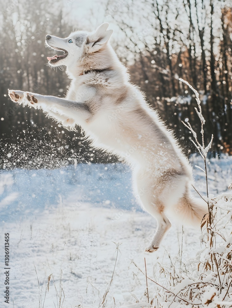 Obraz premium a Siberian husky playfully jumping in fresh snow, its icy blue eyes shining.