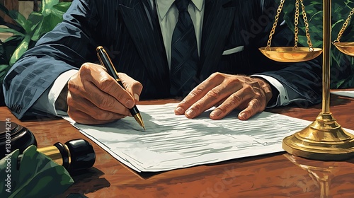 Lawyer Signing Legal Documents at Desk, A lawyer in a suit signing legal documents at a desk with a gavel and scales of justice